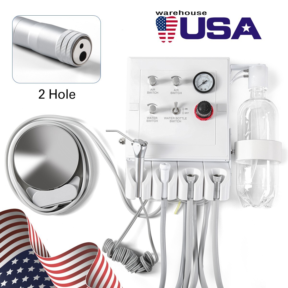 AZDENT Portable Dental Turbine Unit Weak Suction work with Air Compressor 2Holes