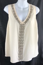 Vintage Chiffon Cami Tank Top L Ivory Beads V-Neck Flowy Coquette Fairy Romantic