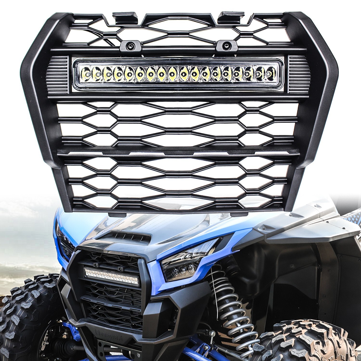 1pc Front Mesh Grille with LED Light Compatible with Kawasaki KRX 1000 2020-2024