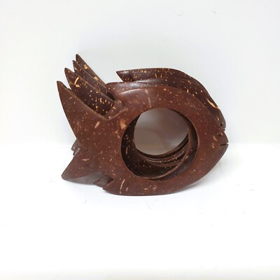 Coconut Shell Napkin Rings Natural Brown Fish Angelfish Vintage Lot Set of 6