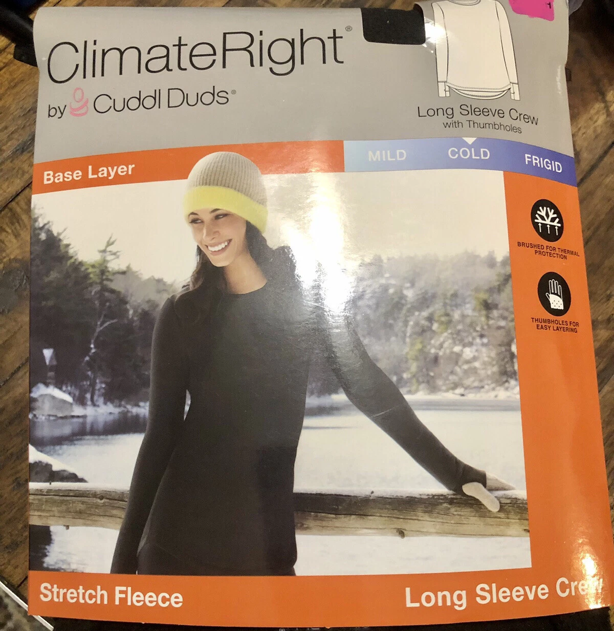 Climate Right Cuddl Duds Fleece Cuddle Crew Top Thumbholes Base Layer Blck XS, M