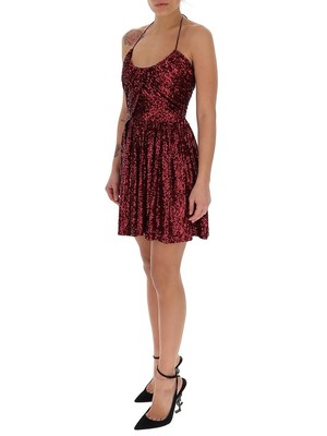 SAINT LAURENT burgundy  SEQUINED HALTER MINI DRESS new tags large