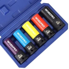 WORKPRO 5PCS 1/2" Dr Impact Lug Nut Socket Set 15 17 19 21 22mm Thin Wall Socket