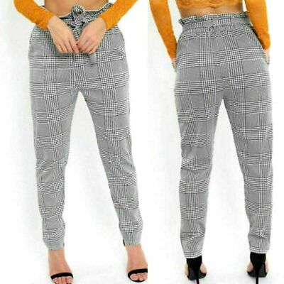 New Women Check Hounds Tooth Print Ladies High Tie Waist