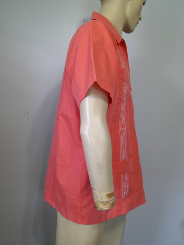 Vtg 70's Haband Genuine Guayabera Cuban Style Salmon Embroidered Shirt Zip Up M - Picture 4 of 6