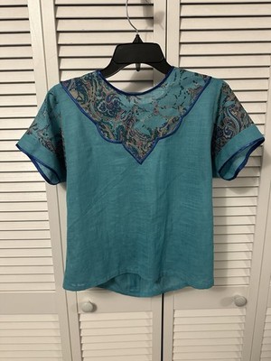 Lai Ya Women s Vintage Short Sleeved Linen Blend Turquoise Paisley Design Top