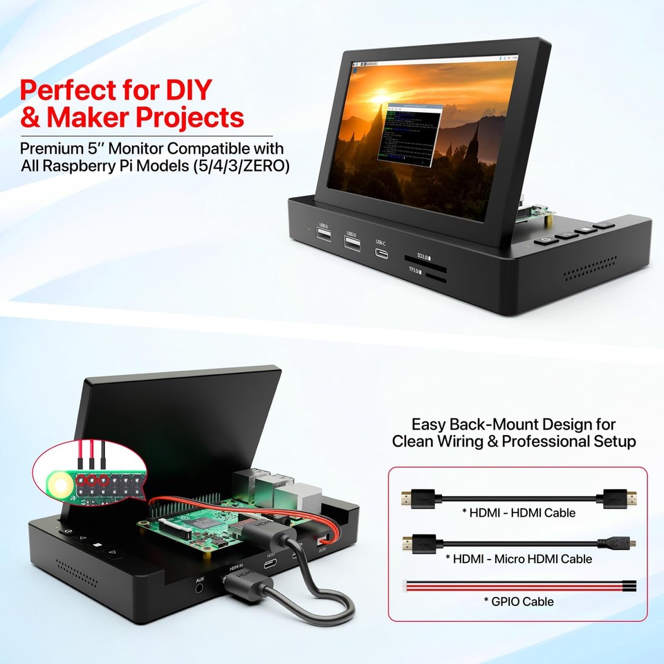 5'' Mini Monitor for PC Raspberry Pi 5/4/3-Multi-Port Docking Station ...