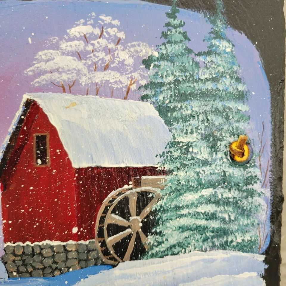 Arte de parede vintage pintada à mão cena de inverno ardósia moinho vermelho decoração de casa - Imagem 3 de 4