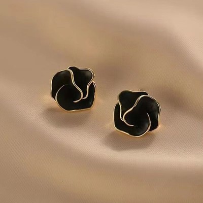 Black Camellia Ear Studs Women's Elegant Earrings Alloy Fashion Jewelry