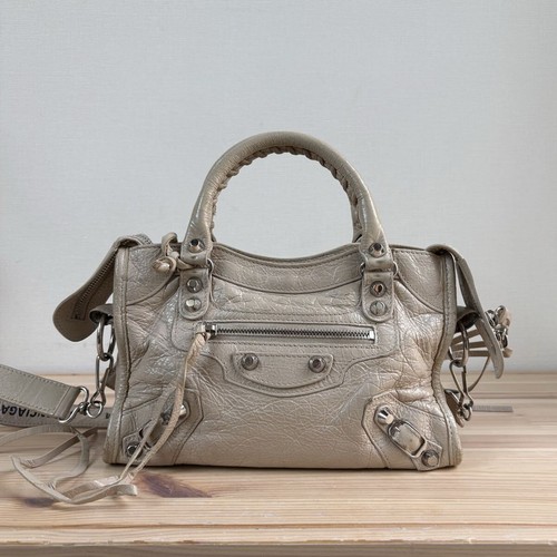 BALENCIAGA 300295 Classic Mini City Bag Beige Silver Hardware Mirror Accessary