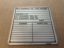 Vintage B.F. GOODRICH Tire Co Aluminum Metal Sign Tag TOOL RECORD Akron OH #5