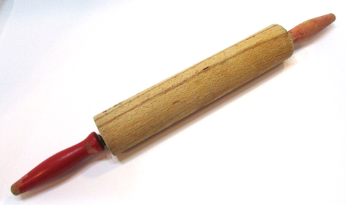 Old 1940s Solid Wood 10" Long Vintage 2" dia Round Rolling Pin Faded Red Handles - Picture 1 of 8