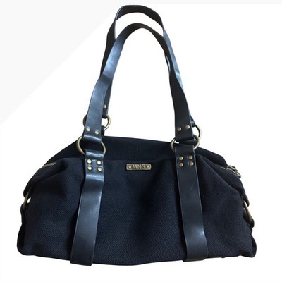 MNG MANGO Black Faux Leather Trim Canvas Bag