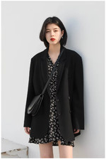 Women's Double Breasted Blazer Mid Length Long Sleeve Office Jacket Color Black