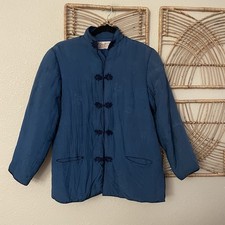 Vintage Plum Blossoms Blue Silk Jacket Chinese Jacquard Brocade Sz M READ B15