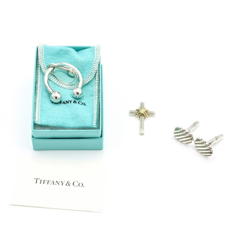 Tiffany & Co Sterling 18k Gold Cross Pendant Cufflinks Key Ring Lot of 3 S4537-1