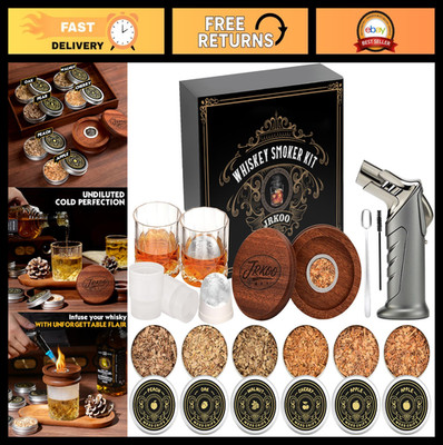 Whiskey Smoker Kit - Cocktail Infuser with Torch, 6 Wood Chips, 2 Glasses & Ice