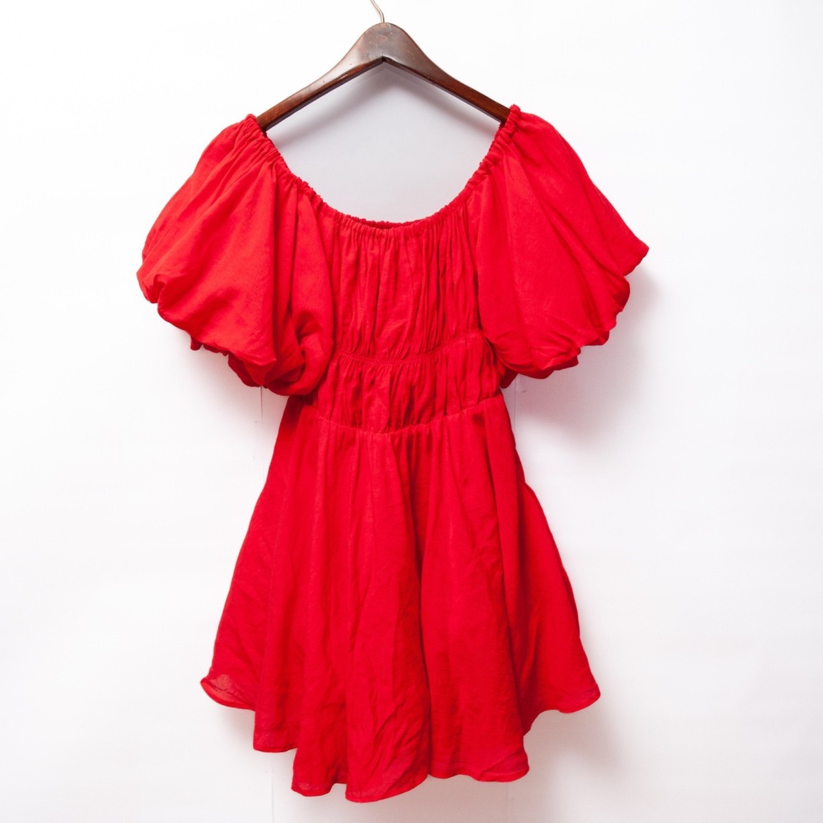red off the shoulder puff sleeve dress Stunning Off-shoulder Red Satin Ball Gown Dress With Dramatic Puff Sleeves
