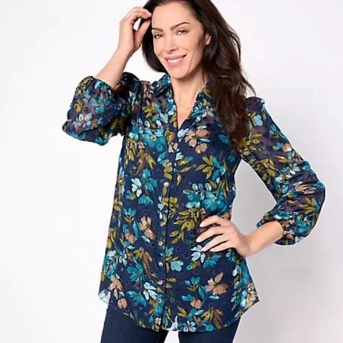 Susan Graver Women Sheer Clip Dot Blue Floral Blouse Tunic 2X Colorful Boho