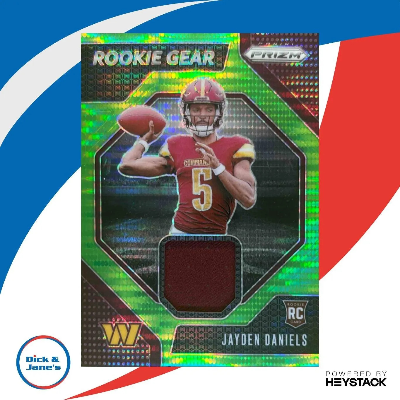 2024 Panini Prizm Jayden Daniels Rookie Gear Green Pulsar MEM RC Commanders