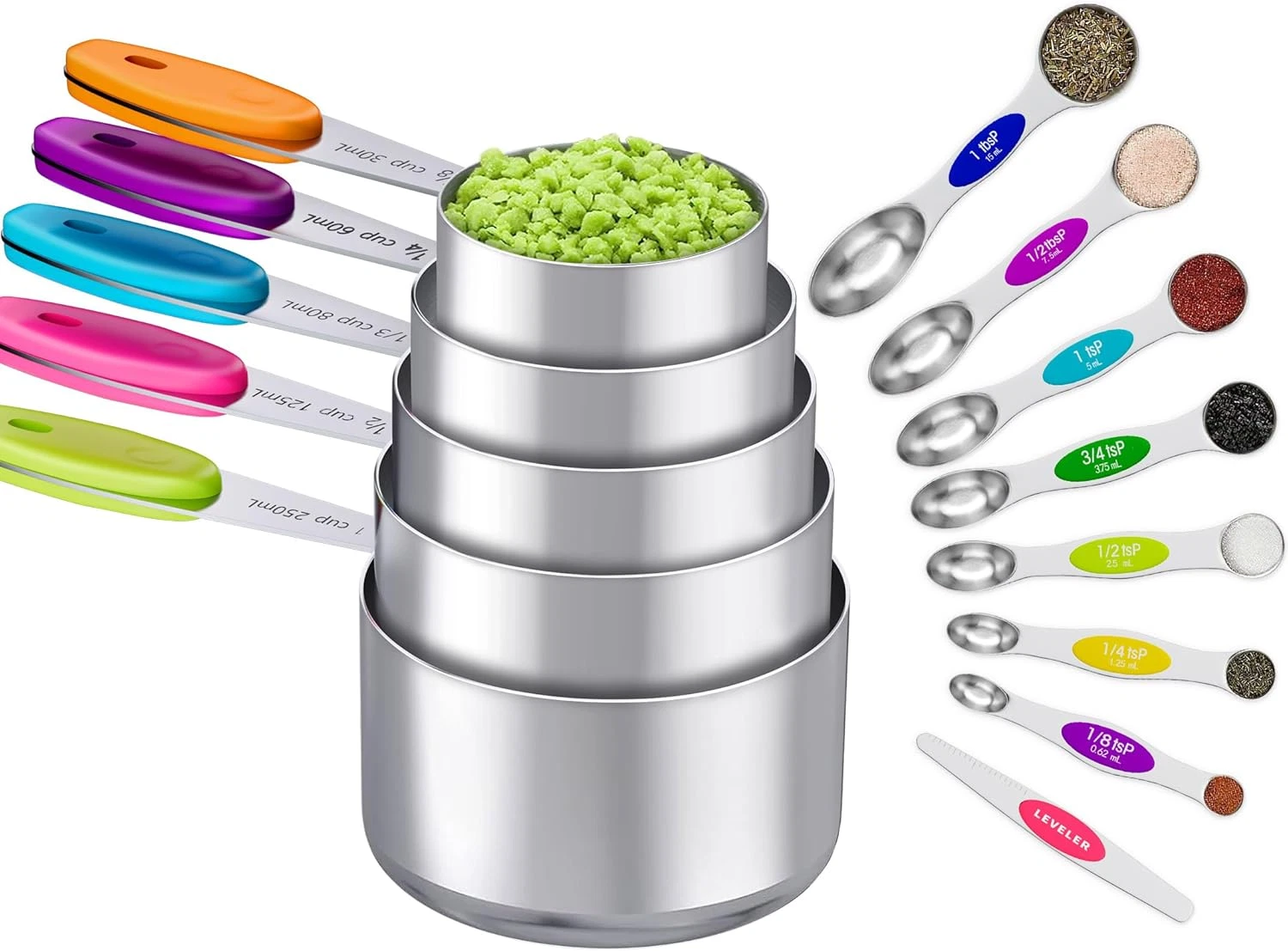 13PCS Magnetic Measuring Cups and Spoons Set - 7 Double-Sided Stainless Steel Ma