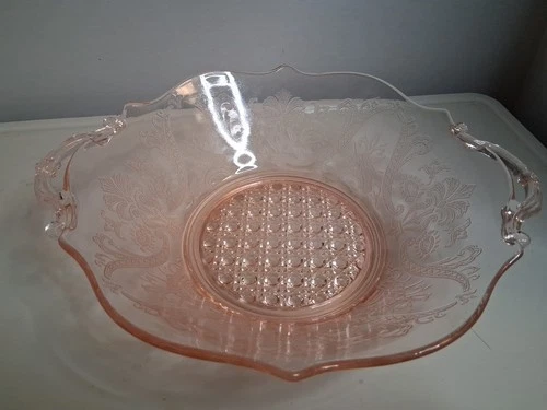 Lancaster LANDRUM Pink Rose Depression Glass 2 Handled Cane Bottom 9" SALAD BOWL