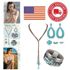 Western Style Turquoise Jewelry Set for Women with Layered Bracelet and Earrings