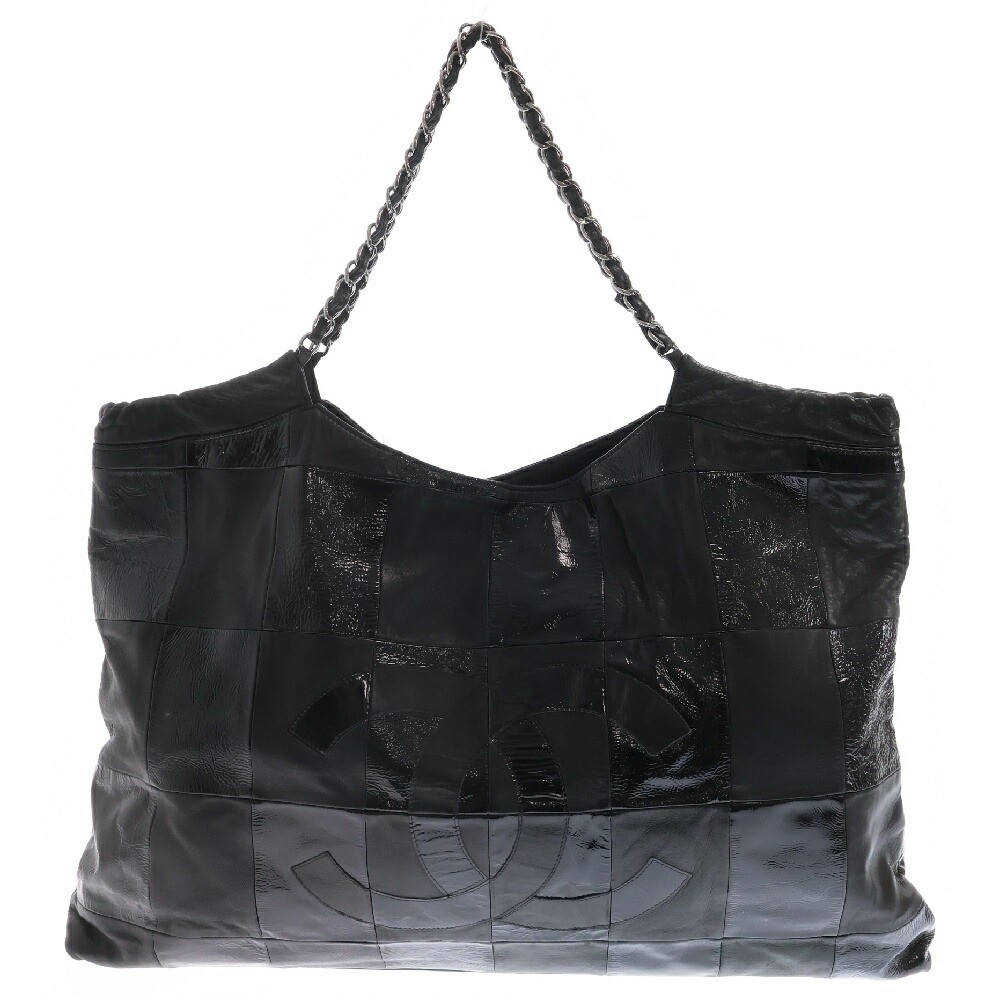 Chanel Coco Patchwork Chain Tote in Black Patent Leather with Pave Wastes-Mi Detail