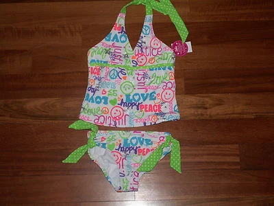 NWT JUSTICE GIRL SWIMSUIT 2 PC TANKINI BRIGHT MULTI COLOR PEACE SIGN SIZE 6 NEW - Photo 1/3