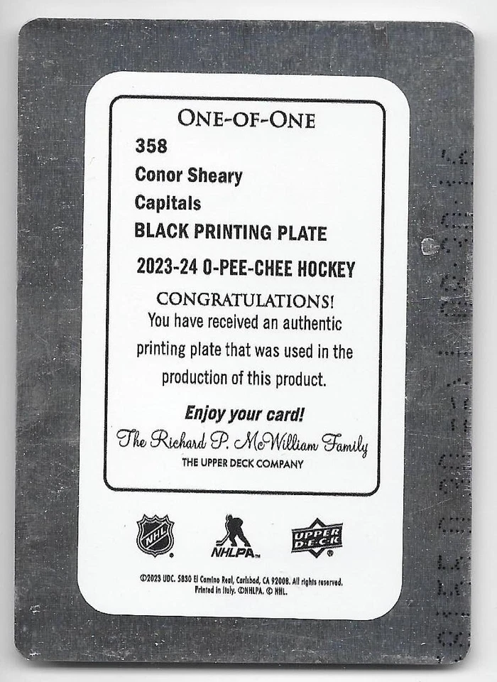 23/24 O-PEE-CHEE BLACK PRINTING PLATE #358 Conor Sheary 1/1 - Image 2 of 2