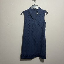 Eliza J Women Sz 4 Navy Blue Eyelet Tasseled Sheath Dress V Neck Lined Blue