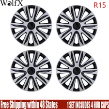 4PCS 15" Silver Black Snap On Wheel Hub Caps Trim Rings fit R15 Tire & Steel Rim