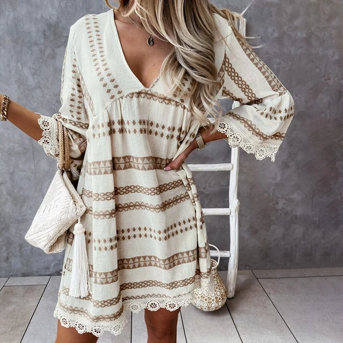 Ladies Holiday Boho Print V Neck Beach Sundress Women Floral Summer Midi Dress - Picture 7 of 17