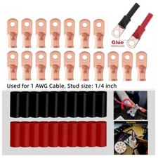 10 1AWG Gauge Copper Ring Terminals 1/4" RED/BLACK Heat Shrink Tubing LUGS
