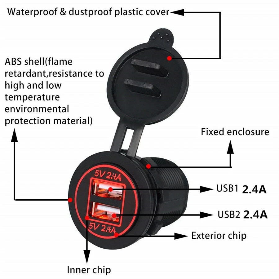 Enchufe cargador USB doble toma de corriente para motocicleta 4,8 A con cable en línea fusible 10A Foto 4 de 4