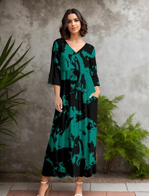 Bon Apple Tea Women's 3/4 Sleeve V-neck Empire Waist Maxi Dress with Pockets