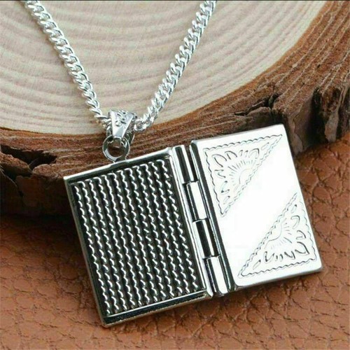 Women Men's Silver Book Box Photo Locket Pendant Necklace T best New Chain G3 - Picture 2 of 8