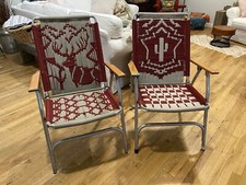 Vintage Pair Macrame Folding Aluminum Lawn Chairs Cactus Deer Buck Wooden Arms