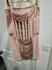 Prettylittlething premium pink tassel bardot sequin mini Dress uk6 us2