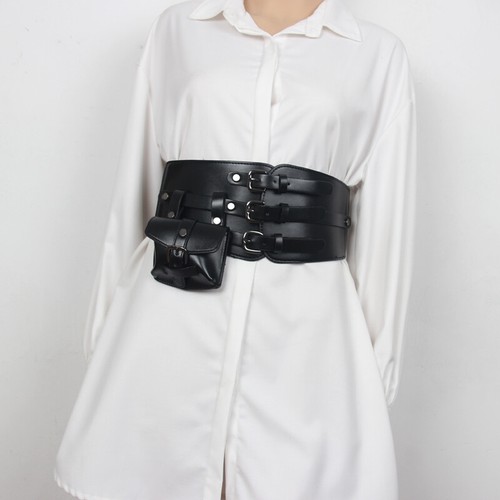 Lady Faux Leather Corset with Pocket Buckle Waist Belt Wide Waistband Punk Retro - Picture 3 of 17