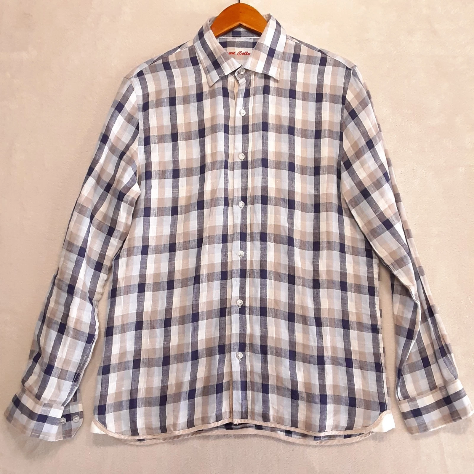 Report Collection Mens 100% Linen Button Shirt Med. Blue Biege Plaid Long Sleeve