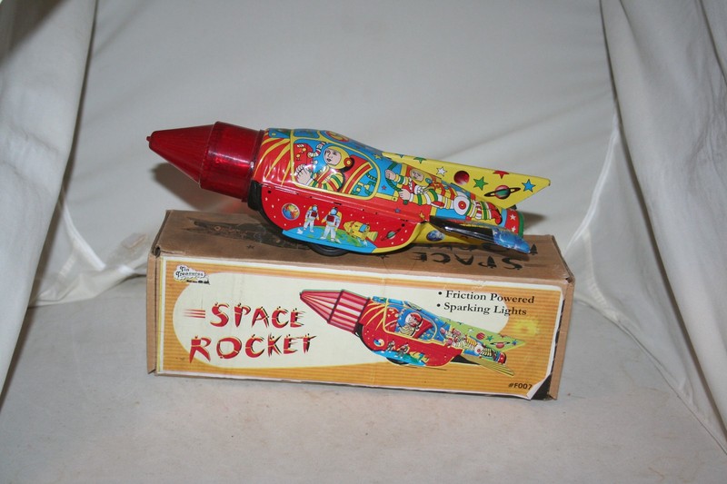 Tin Treasures Repro 1970s  tin toy Space Commander rocket litho yellow