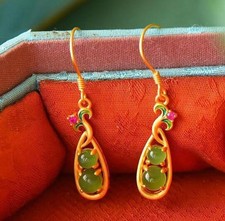 New Green Jade Medal Bean Earrings Inlaid Crystal 18K Gold Plated Ear Pendant