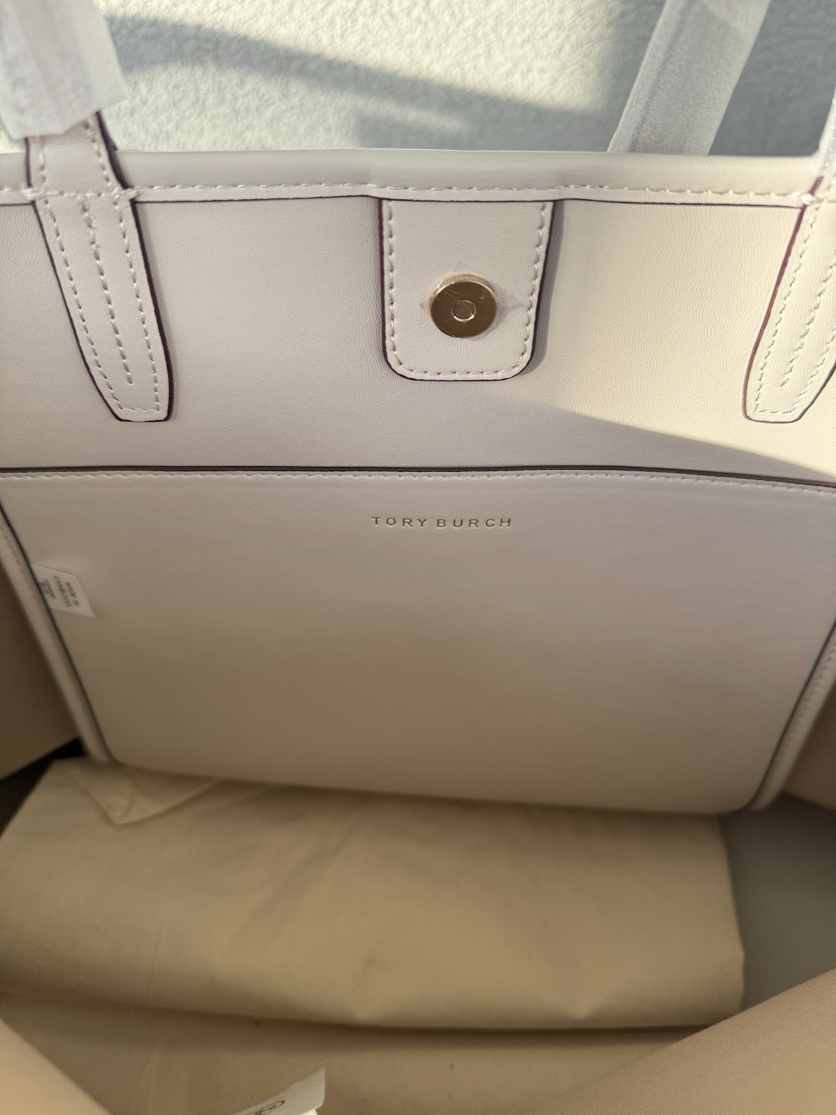 Tory Burch Geometric Large Tote Bag Logo Accent Brown White Striped Handles thumbnail 7