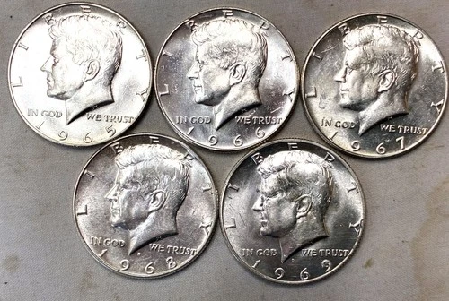 Kennedy Half Dollar 40%Silver Lot of 5, 1965- 1969 Uncirculated, All 3 SMS Halfs