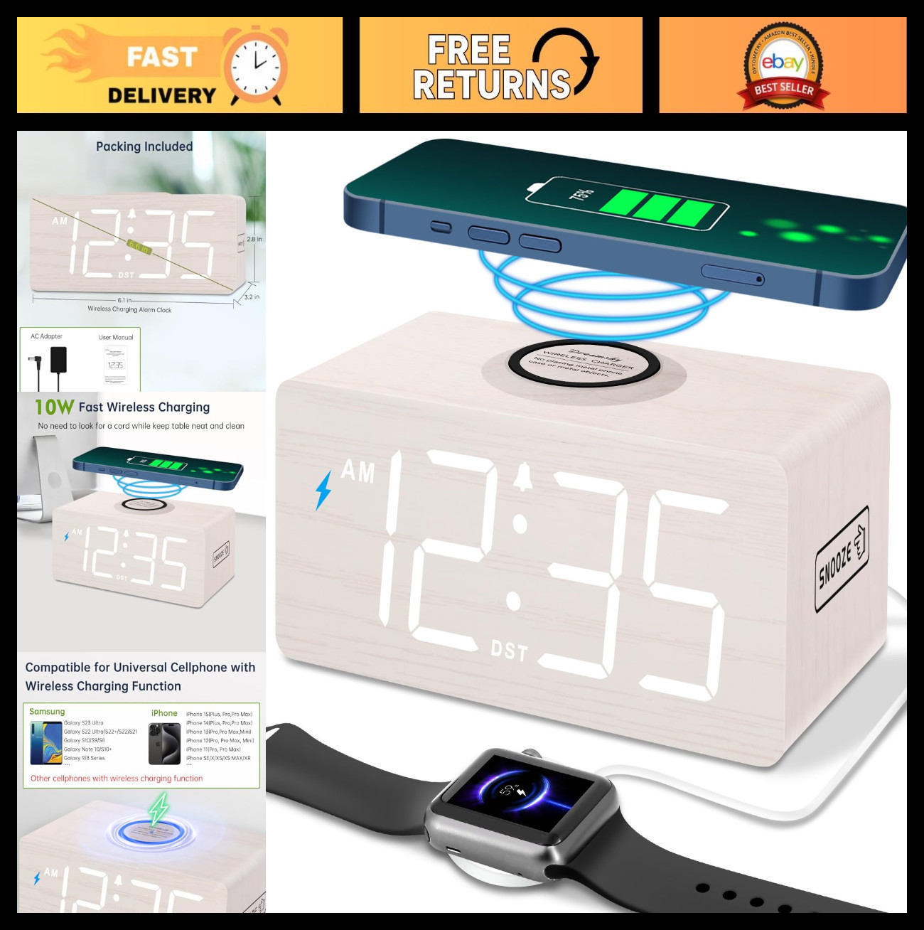 Wooden Digital Alarm Clock with Wireless Charging, USB Port, Large Display, Adju