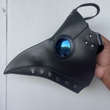 Faux Leather Plague Doctor Mask Blue Lenses Cosplay Halloween Steampunk Black