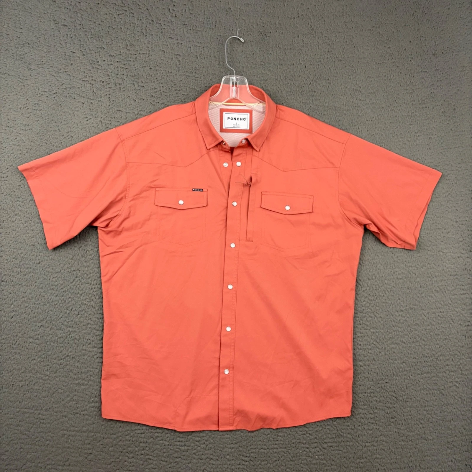 Poncho Shirt Mens Large Coral Pink Pearl Snap Pockets Vented Hiking Outdoor Dad
Opens in a new windo