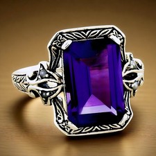 ANTIQUE STYLE 925 STERLING SILVER 4 CT LAB-CREATED AMETHYST FILIGREE RING  207