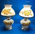 Set 2 Vintage Gone with the Wind Glass Hurricane Lamp Milk Glass Yellow Flowers